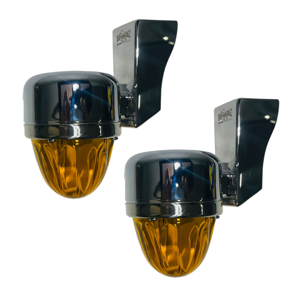 SS Mirror Light Bracket, Amber Watermelon Light Glass. Straight Angle. Set.